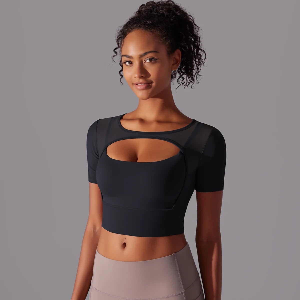 No. 6 Short Sleeve Shirt, 1PC, Peekaboo Neckline, Mesh Back and Chest Detail, Cropped Length