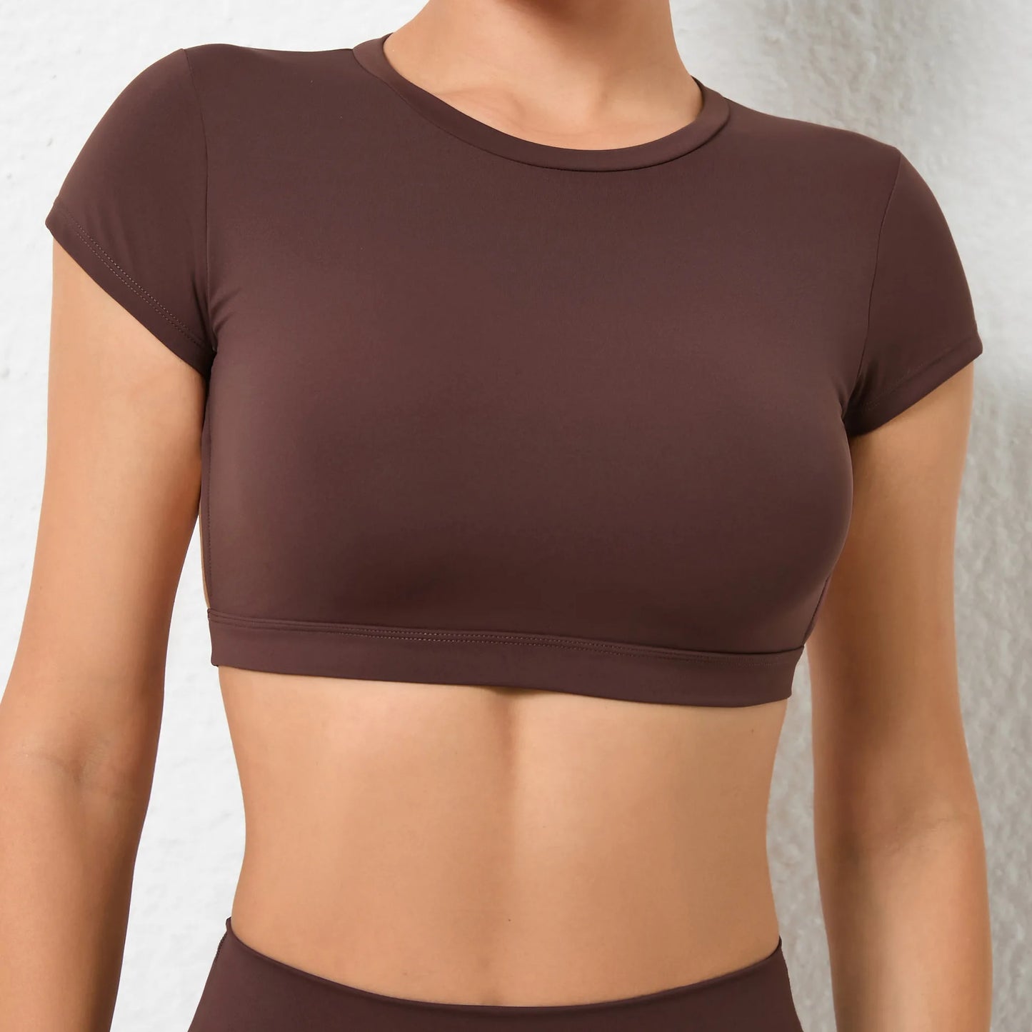 No. 5 Sports Bra, Backless Crop Top, Cupped Sleeves, Open Back, Faux Shirt