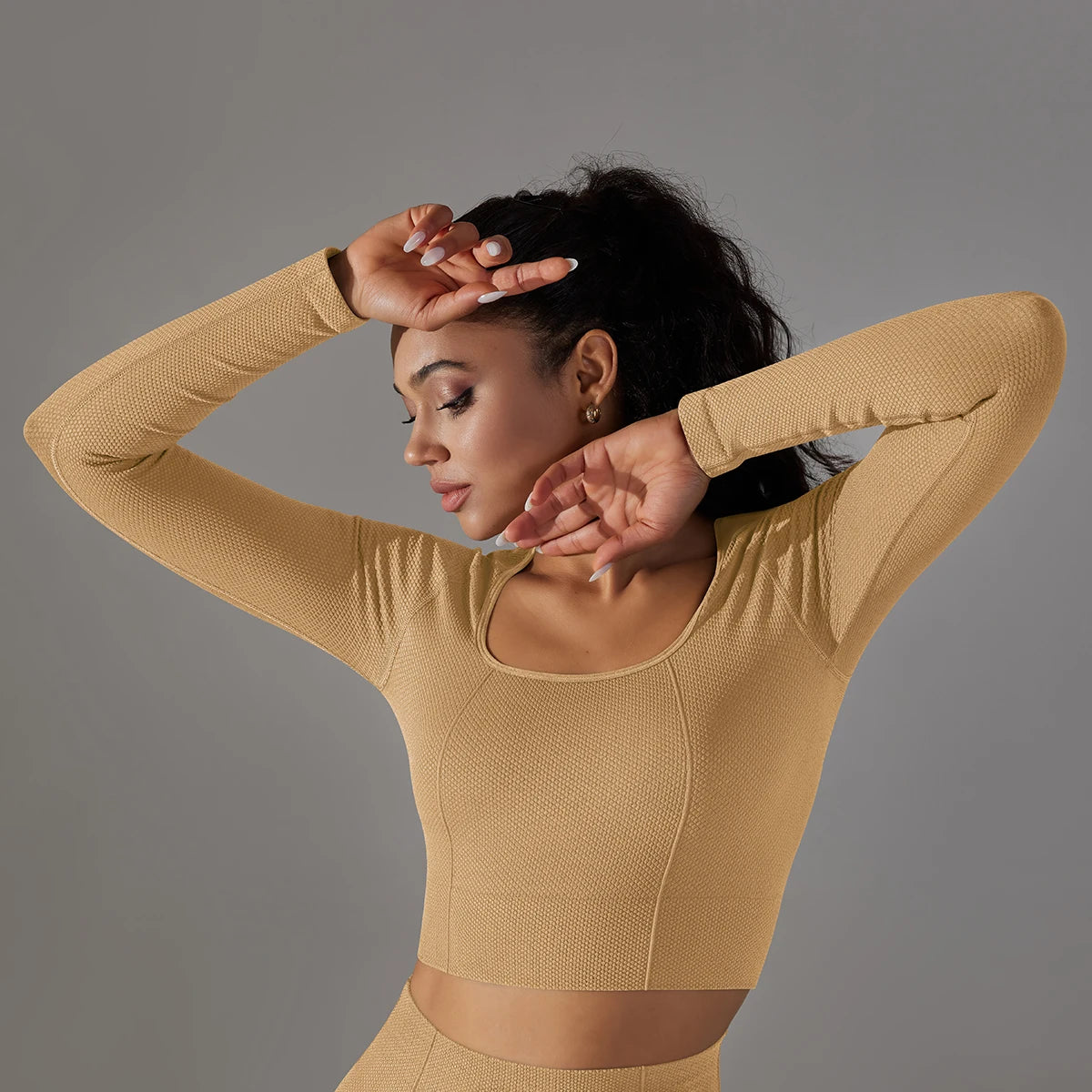 No. 2 Matching Set, Long Sleeve Scoop Neck Compressive Crop Top, With Training Legging
