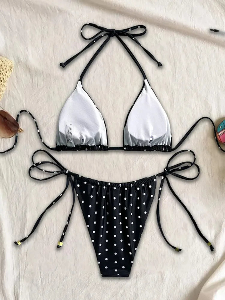 No. 6 Swimsuit, 2 PC, Beaded Triangle String Bikini Set, Adjustable Halter Neck Ties, Side Tie Bikini Bottoms