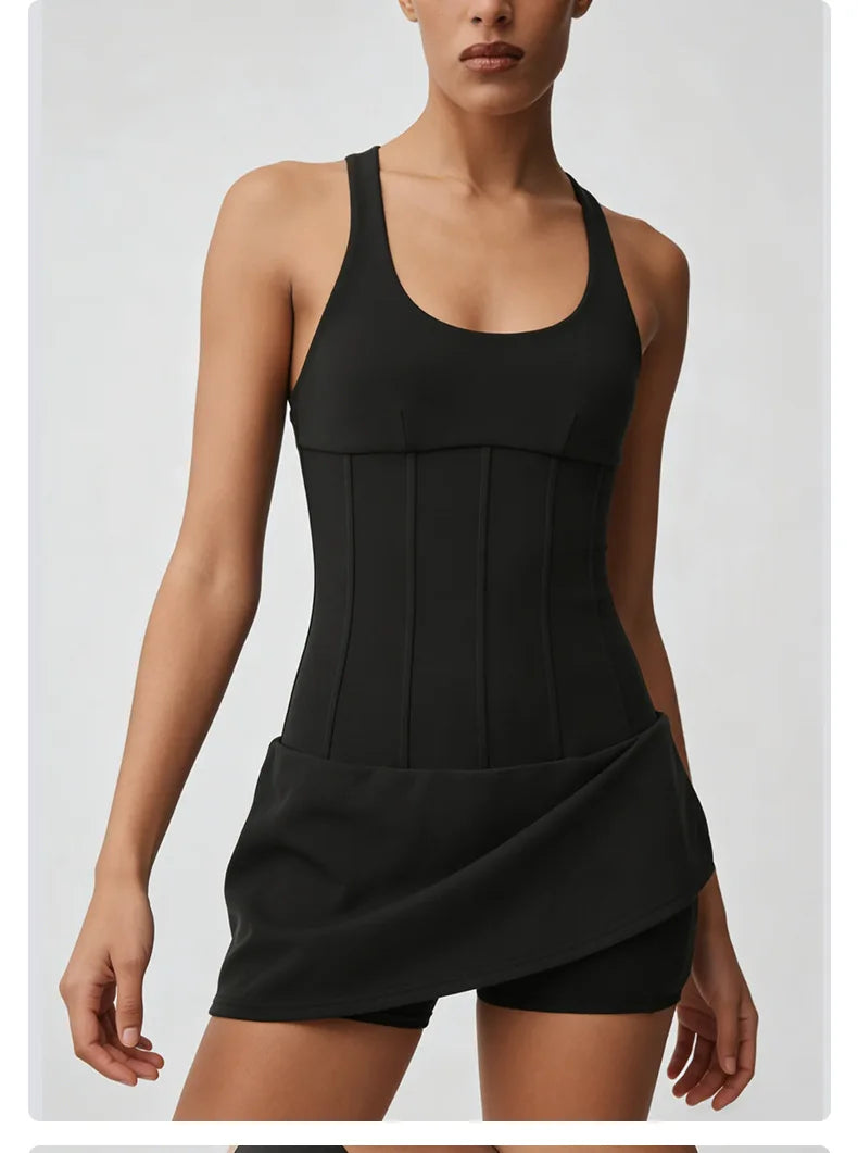 No. 8 Dress, Corset Waist Tennis Dress, Criss Cross Back, Under Shorts, Dry Fit