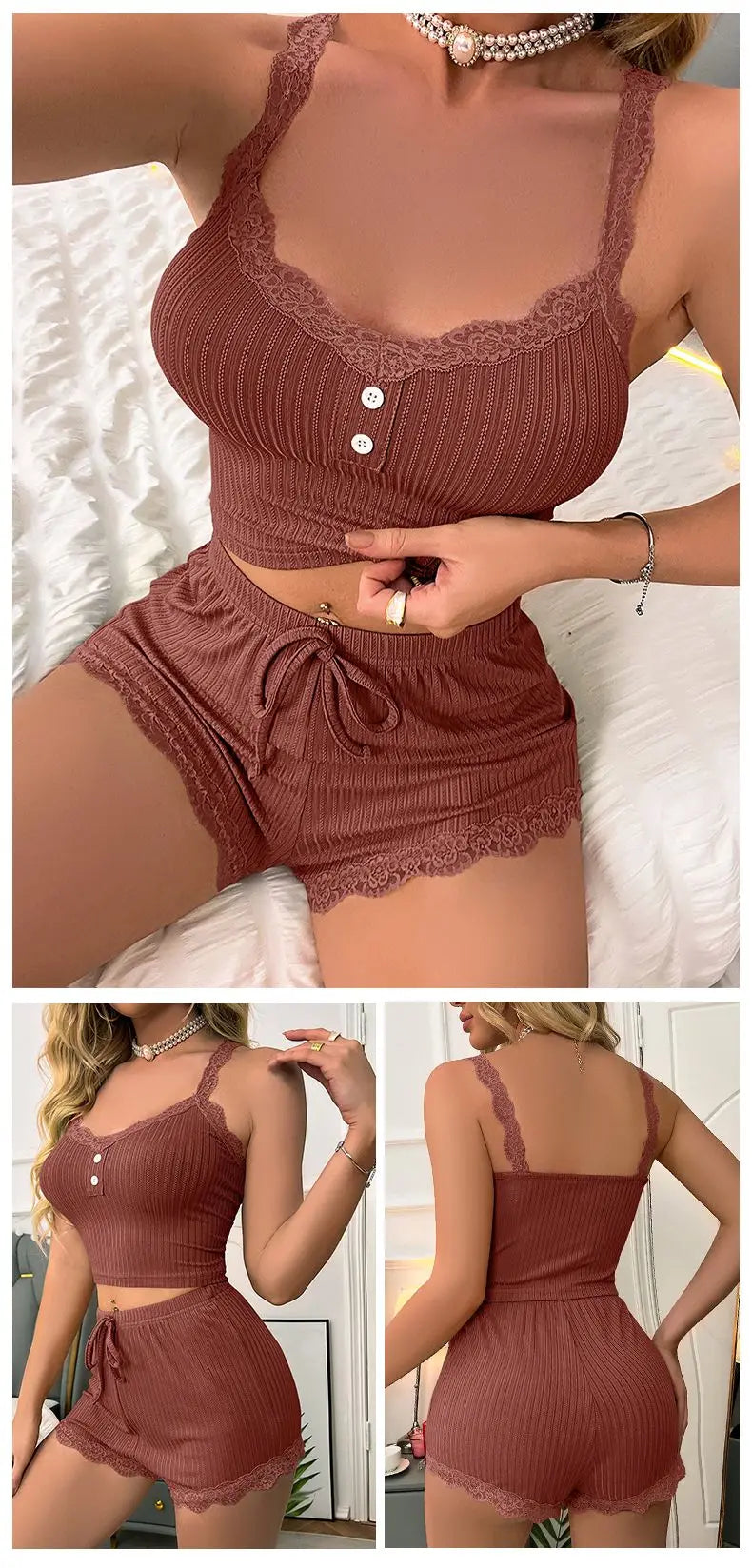 No. 2 Sleepwear Set, 2 PC, Ribbed Tank Top, Lace Straps & Neckline, Matching, Ribbed, Cozy Short