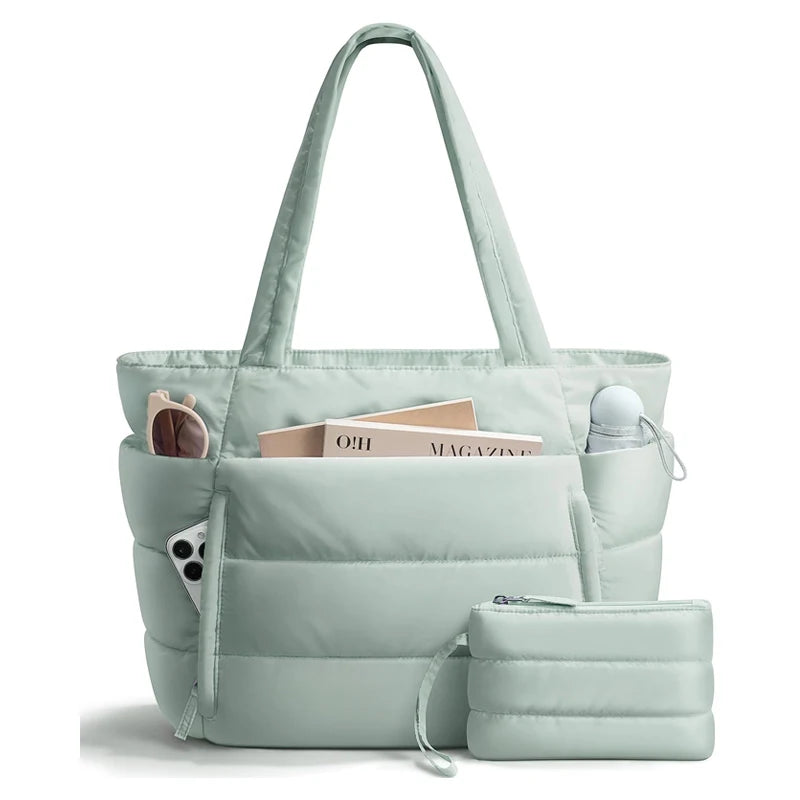 No. 4 Tote, Cloud Carry Quilted Tote, Soft Puffer-Style, Luggage Sleeve, Matching Pouch Included