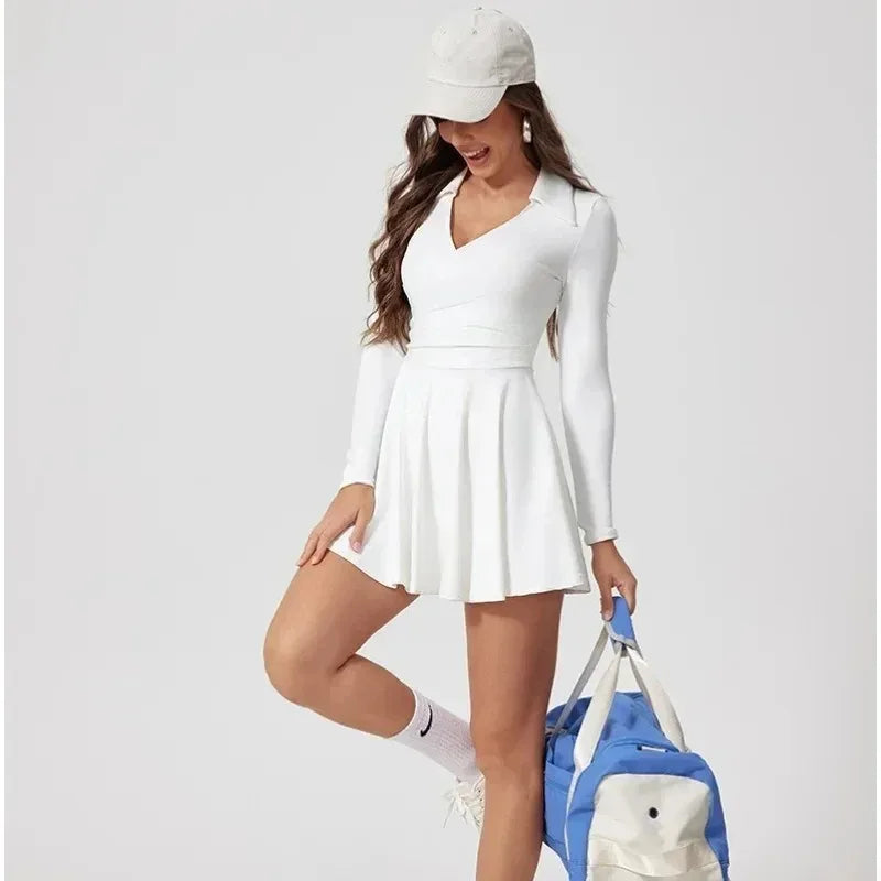 No. 5 Dress, Collared, V-Neck, Long Sleeve, Free Flowing Skirt With Shorts, Golf, Tennis
