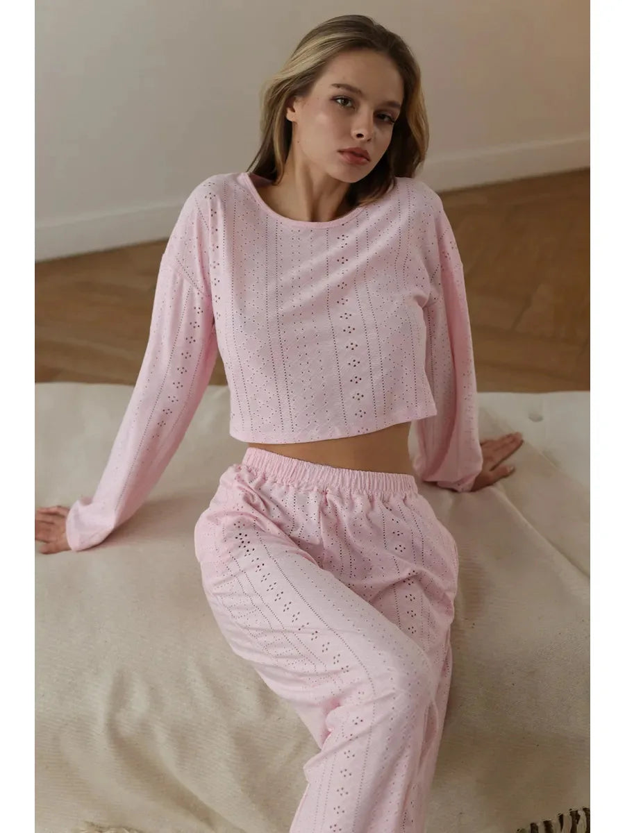No. 7 Sleepwear Set, 2 PC, Semi Sheer, Long Sleeve, Pant, Eyelet Detailing, Cozy, Summer