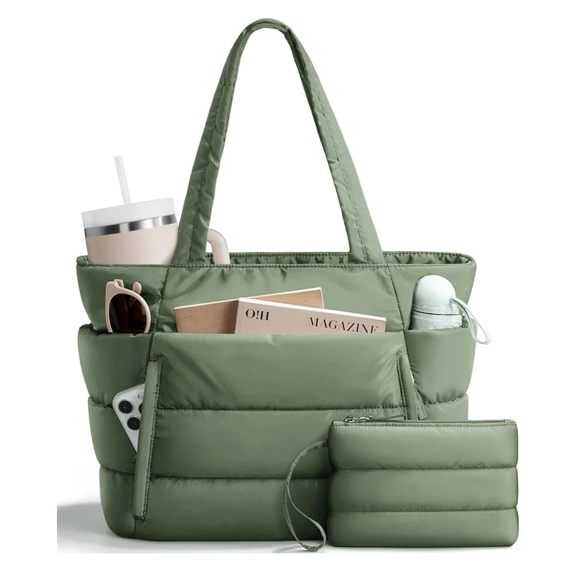 No. 4 Tote, Cloud Carry Quilted Tote, Soft Puffer-Style, Luggage Sleeve, Matching Pouch Included