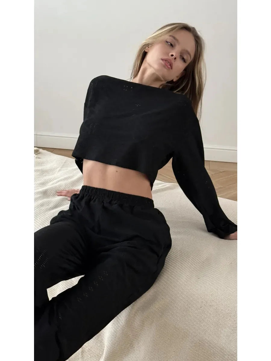 No. 7 Sleepwear Set, 2 PC, Semi Sheer, Long Sleeve, Pant, Eyelet Detailing, Cozy, Summer