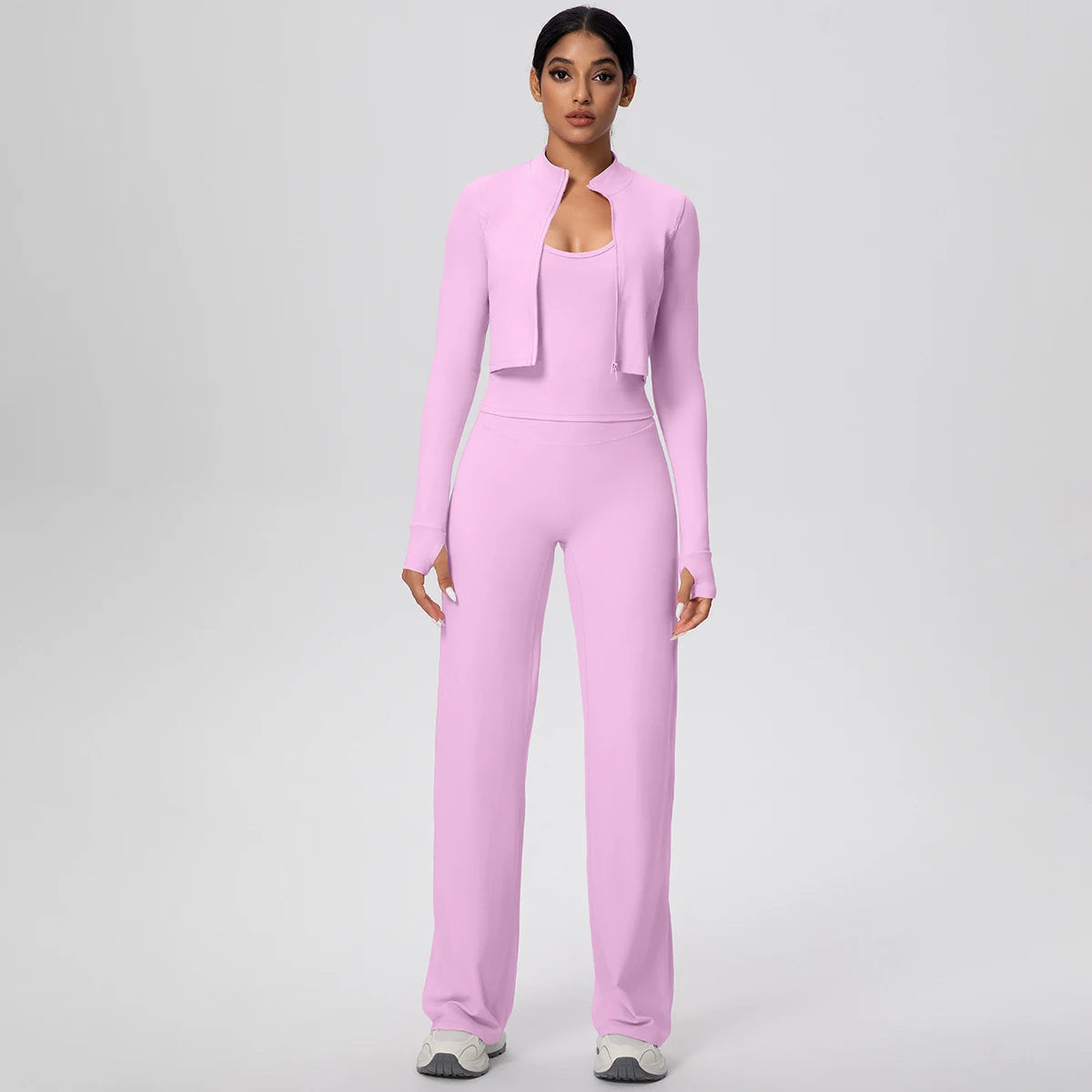 No. 1 Matching Set, 3 PC Full Zip Jacket, Halter Tank, and Wide Leg Pant