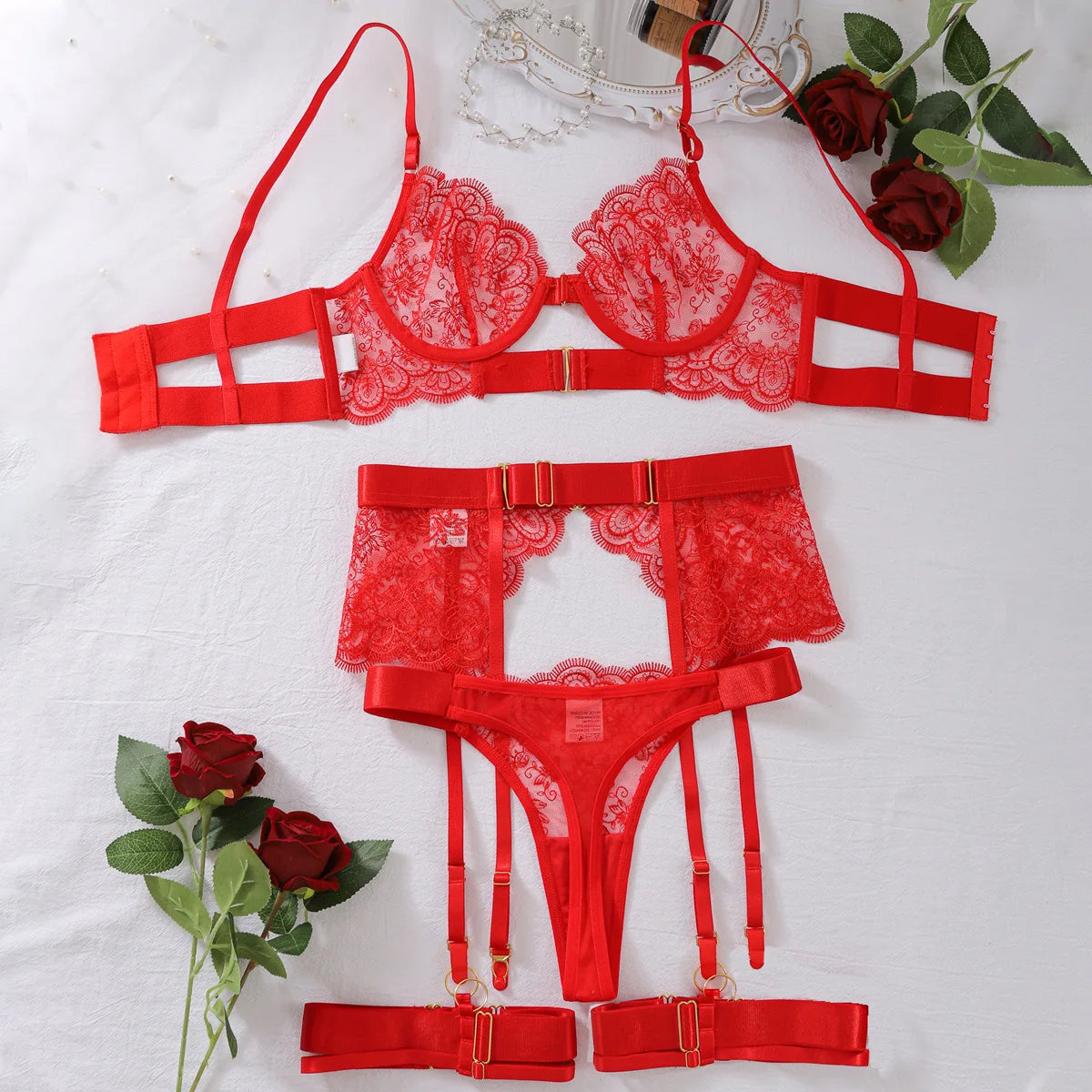 No. 1 Lingerie Set, 4 PC French Lace Scallop Bra, Thong, Garters With Belt
