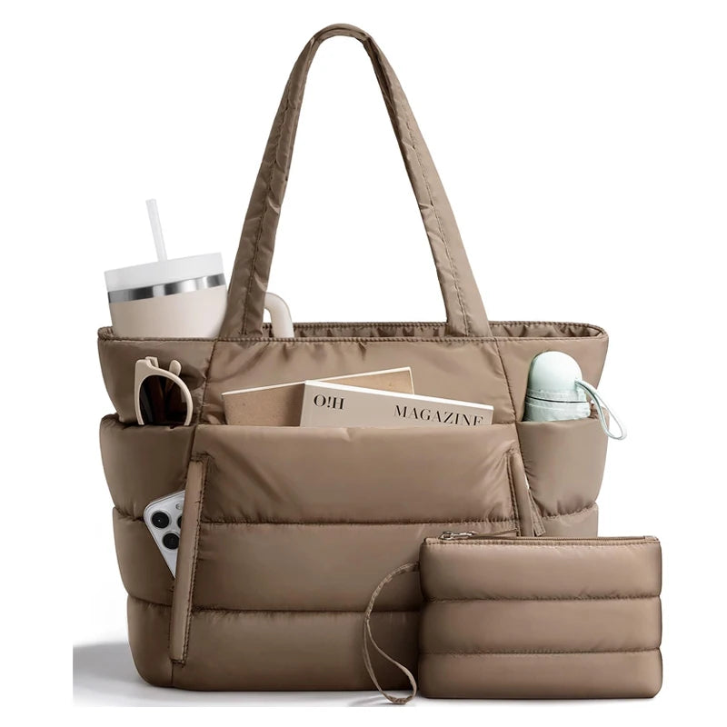 No. 4 Tote, Cloud Carry Quilted Tote, Soft Puffer-Style, Luggage Sleeve, Matching Pouch Included