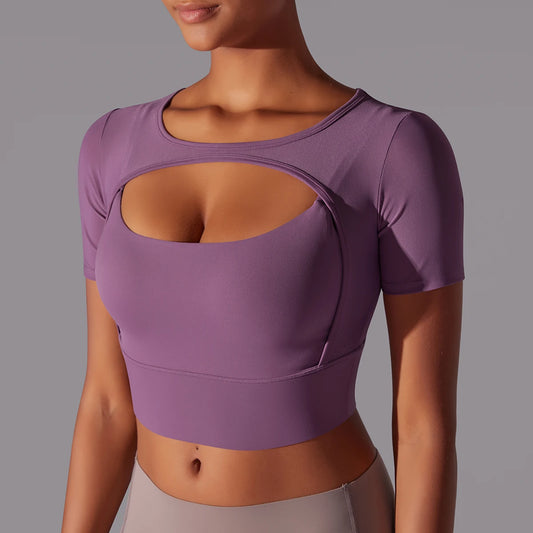 No. 6 Short Sleeve Shirt, 1PC, Peekaboo Neckline, Mesh Back and Chest Detail, Cropped Length