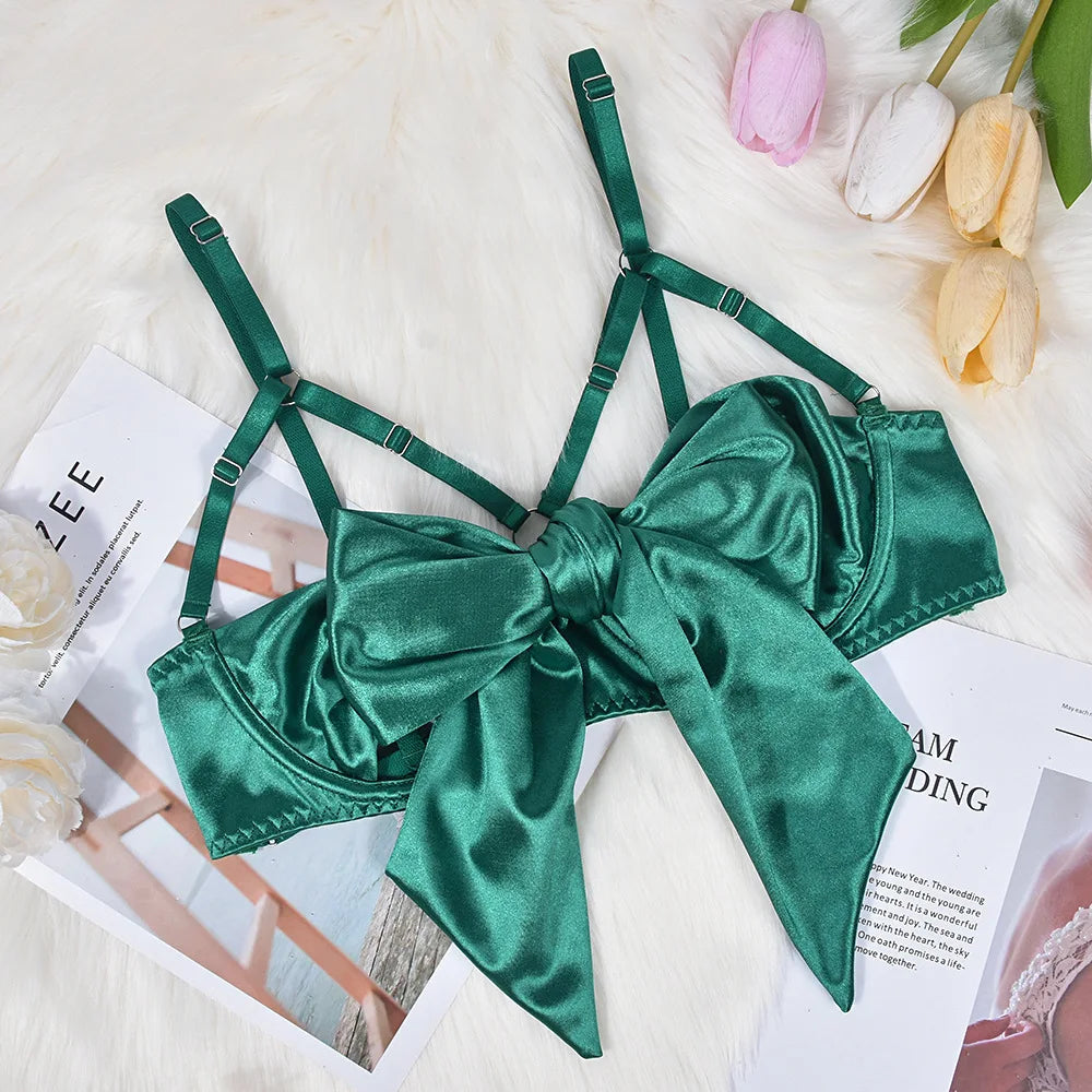 No. 2 Lingerie Set, 3 PC Gift Wrapped Bra With Hollow Cups, Caged Neckline, High Waist Thong, Garters