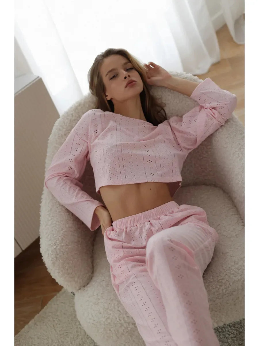 No. 7 Sleepwear Set, 2 PC, Semi Sheer, Long Sleeve, Pant, Eyelet Detailing, Cozy, Summer