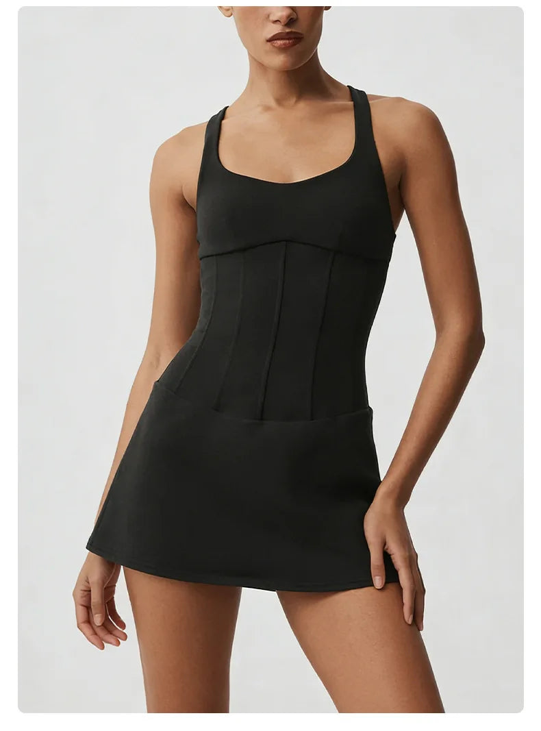 No. 8 Dress, Corset Waist Tennis Dress, Criss Cross Back, Under Shorts, Dry Fit