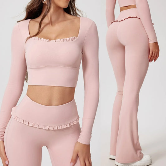 No. 8 Matching Set, Coquette, Ruffle Detailing Along Neckline And Waist, Long Sleeve, Crop Top, Square Neck