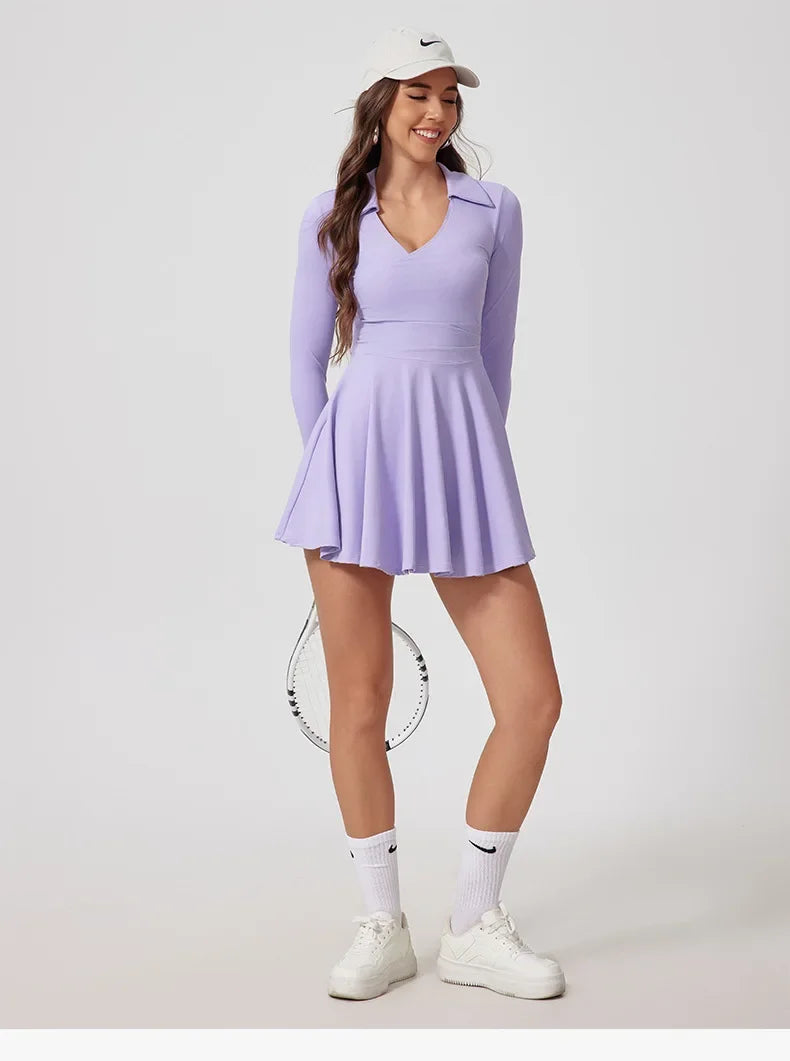No. 5 Dress, Collared, V-Neck, Long Sleeve, Free Flowing Skirt With Shorts, Golf, Tennis