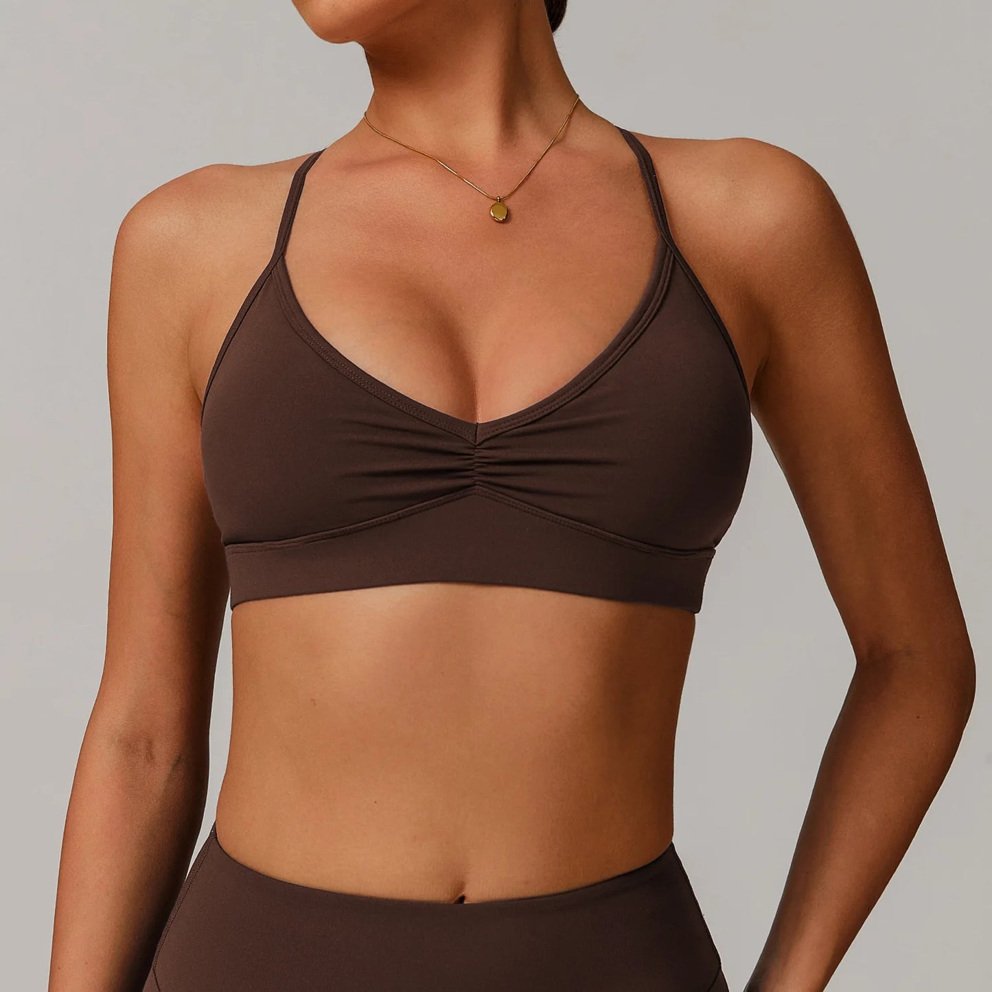 No. 2 Sports Bra, Plunging Neckline, Ruching Detailing, Halter Top, Open Back Design