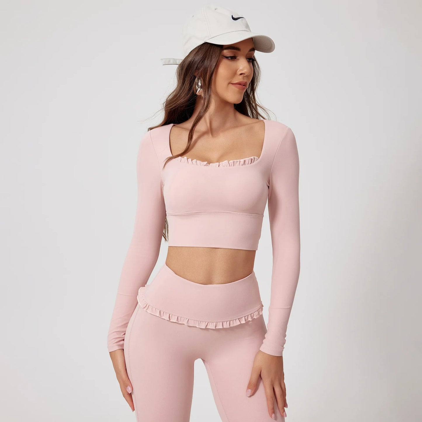 No. 8 Matching Set, Coquette, Ruffle Detailing Along Neckline And Waist, Long Sleeve, Crop Top, Square Neck