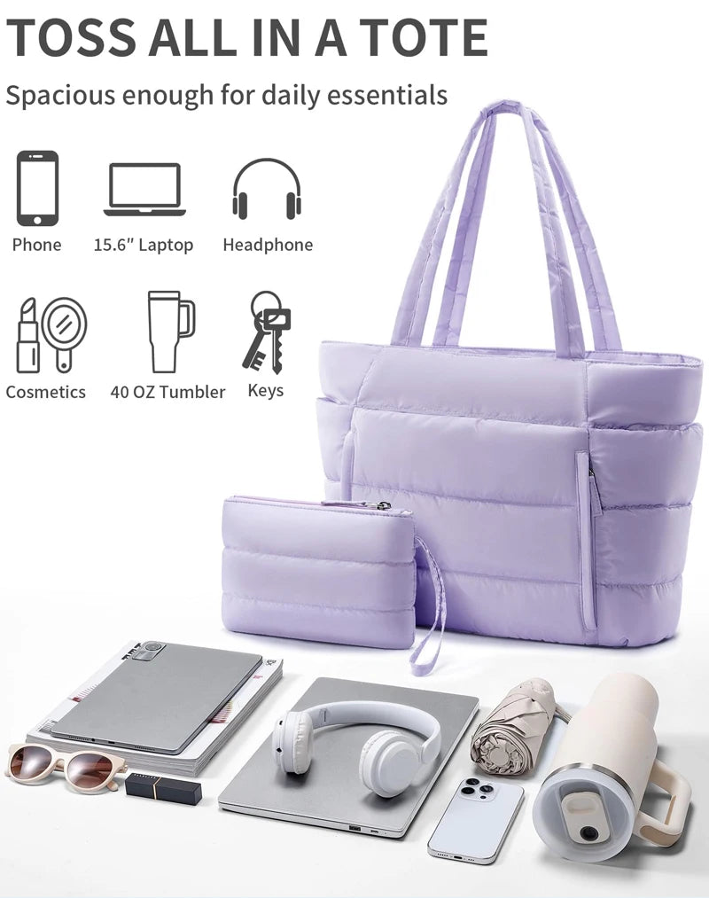 No. 4 Tote, Cloud Carry Quilted Tote, Soft Puffer-Style, Luggage Sleeve, Matching Pouch Included
