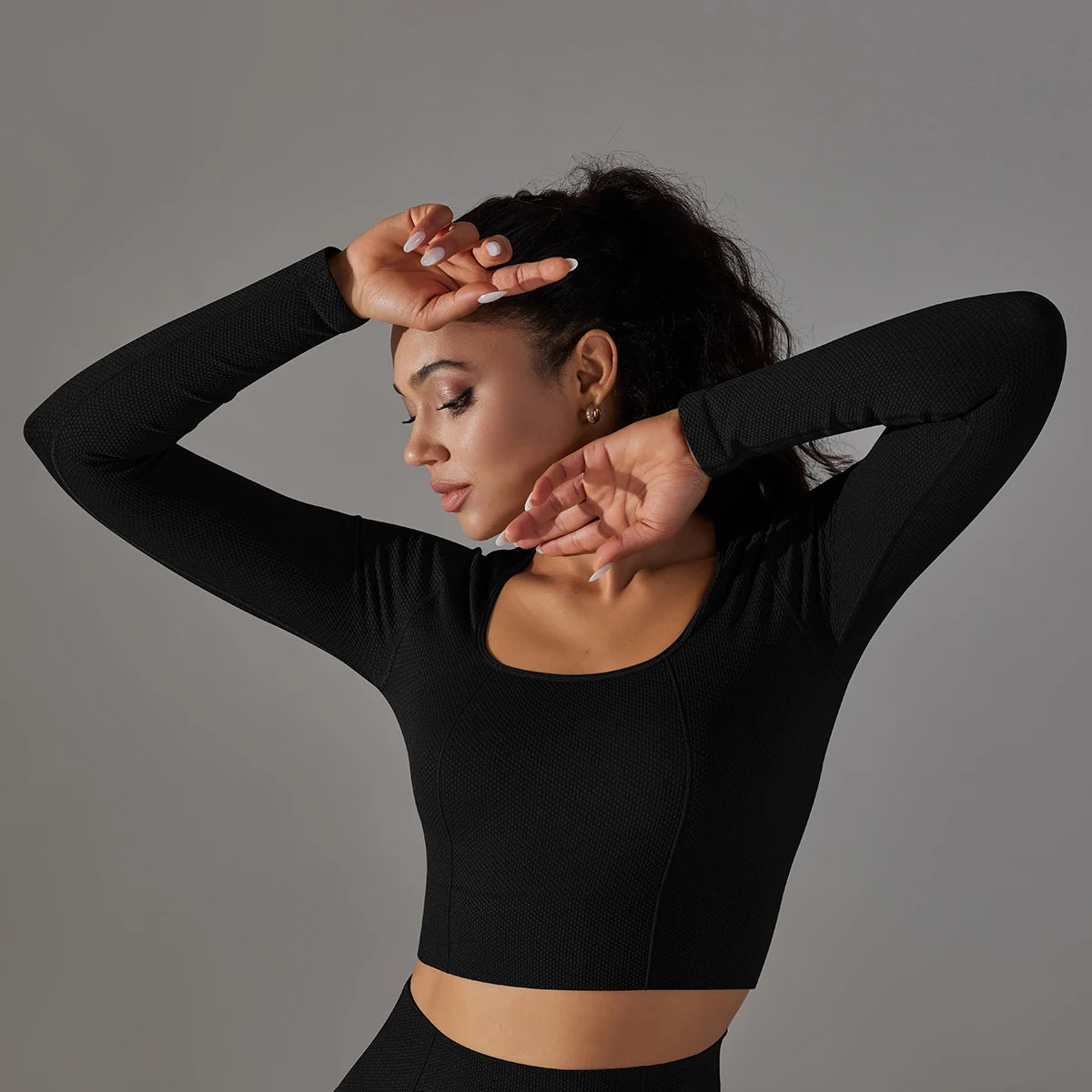 No. 2 Matching Set, Long Sleeve Scoop Neck Compressive Crop Top, With Training Legging