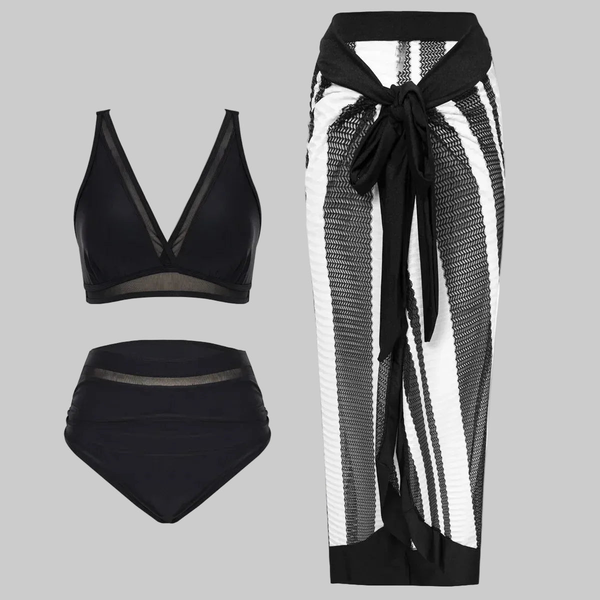 No. 8 Swimsuit, 2-3 PC High Waisted Bikini Set, V- Neck Bralette With Sheer Paneling, Full Coverage Brief, Sheer Mesh Waistband, Extended Sizes Available
