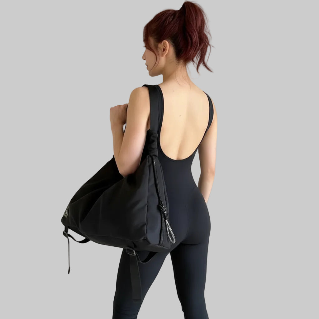 No. 7 Tote, Yoga Mat Lifestyle Tote, Ruched Adjustable Shoulder Strap, Shoe Compartment, Waterproof