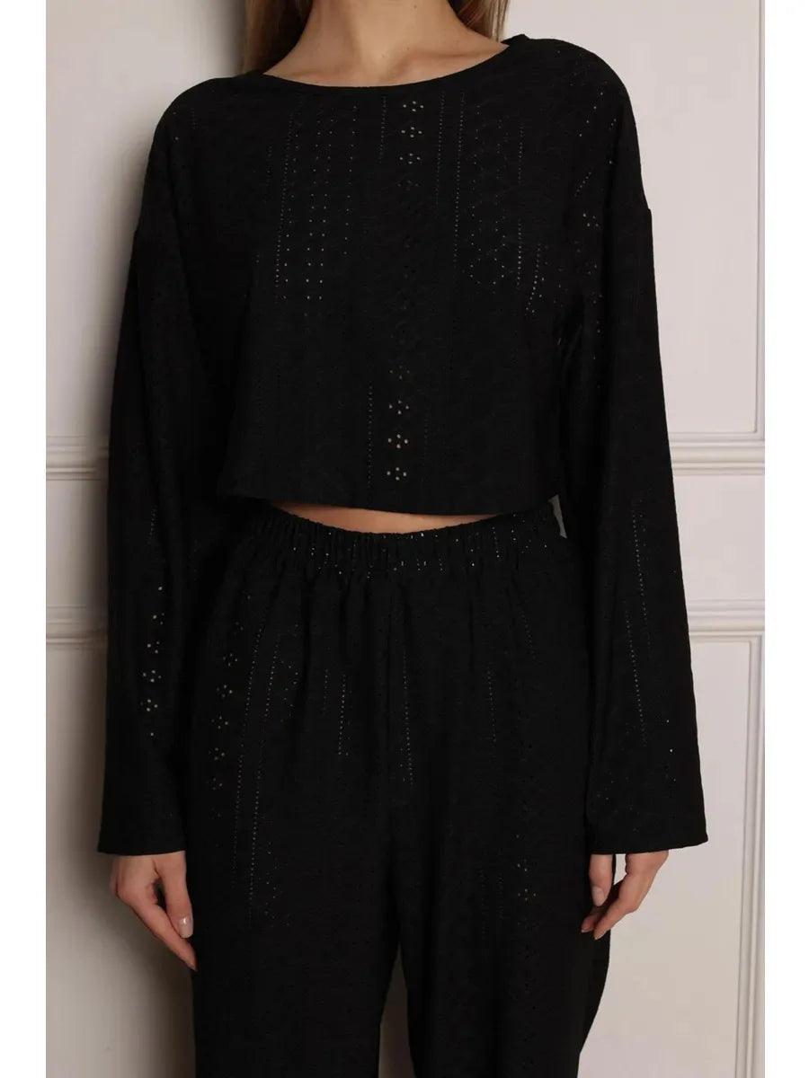 No. 7 Sleepwear Set, 2 PC, Semi Sheer, Long Sleeve, Pant, Eyelet Detailing, Cozy, Summer