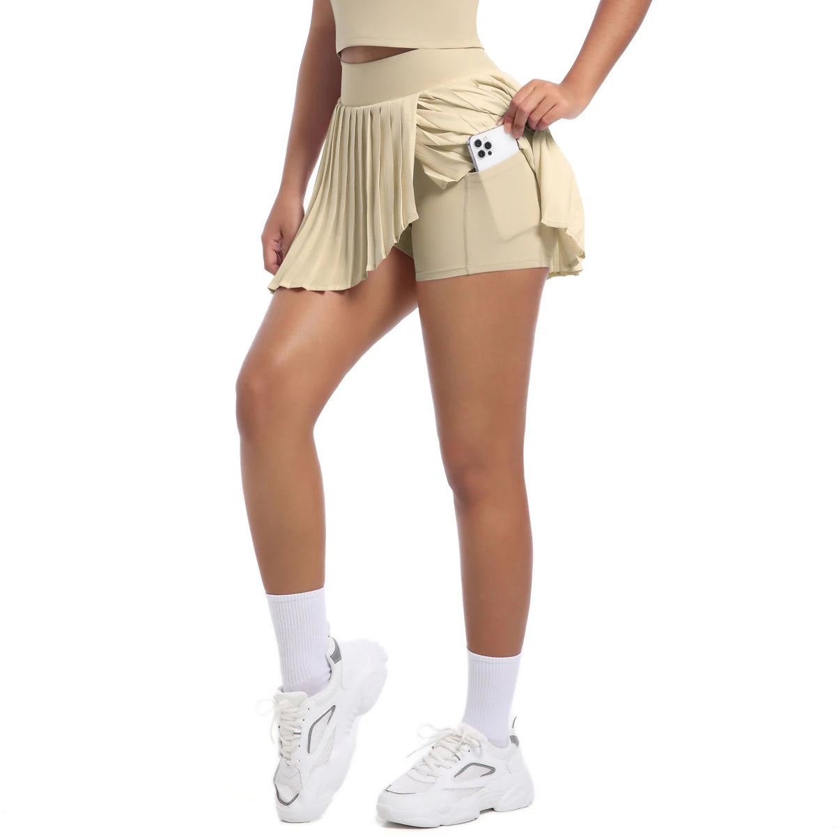No. 8 Tennis Skirt, Double Layer, Asymmetrical, Pleated, Casual, High Waisted, Under Short