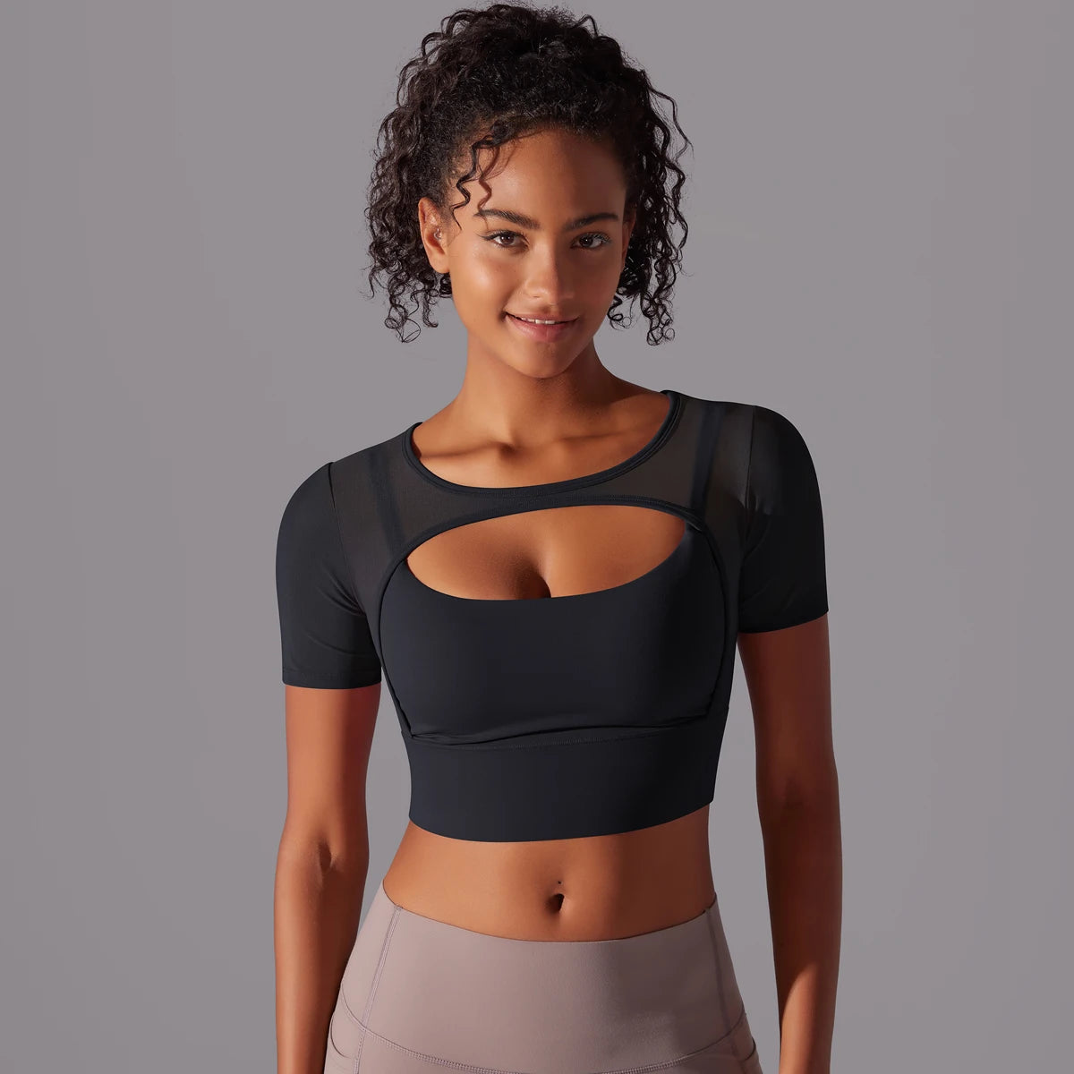 No. 6 Short Sleeve Shirt, 1PC, Peekaboo Neckline, Mesh Back and Chest Detail, Cropped Length