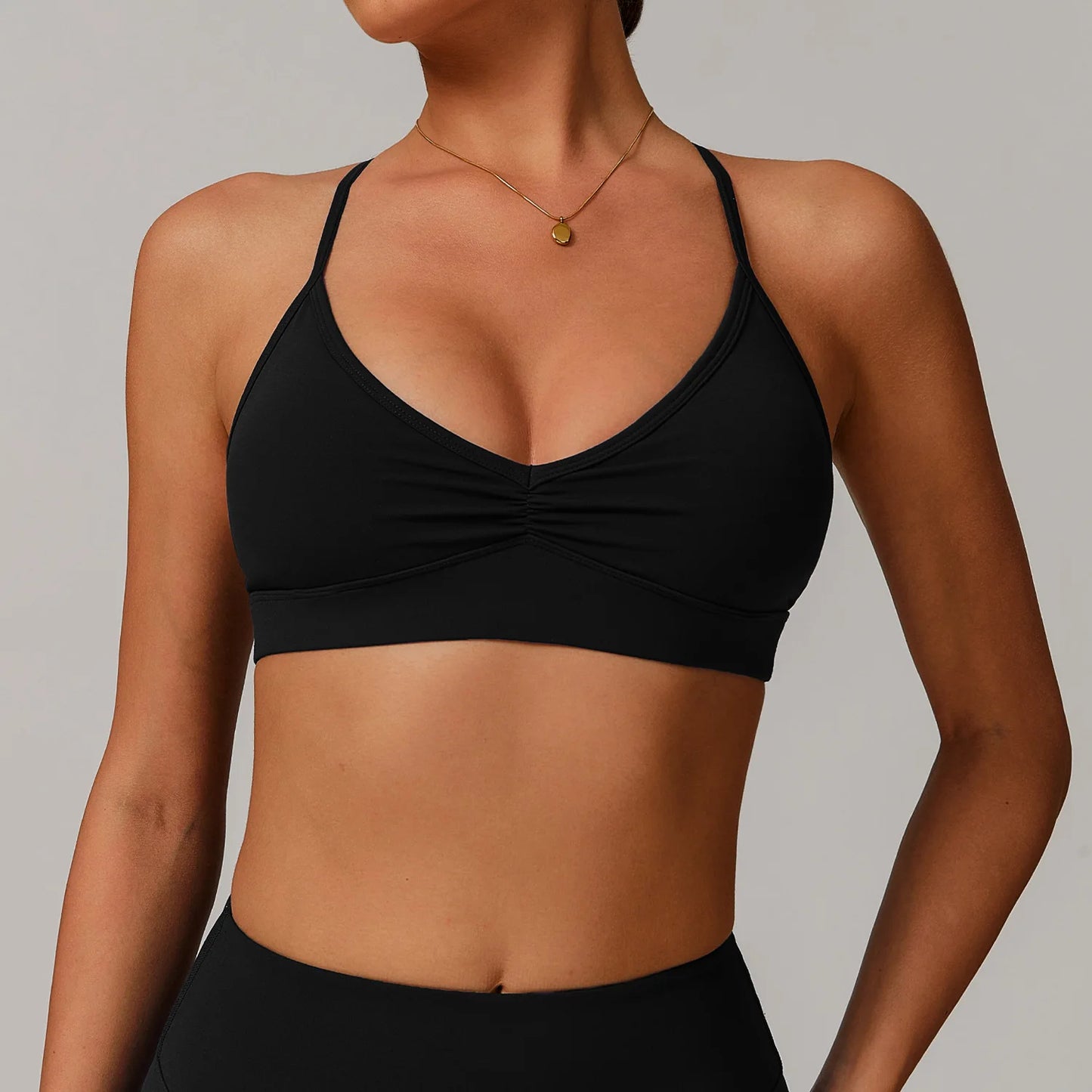 No. 2 Sports Bra, Plunging Neckline, Ruching Detailing, Halter Top, Open Back Design