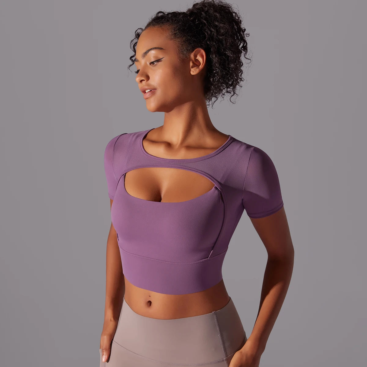 No. 6 Short Sleeve Shirt, 1PC, Peekaboo Neckline, Mesh Back and Chest Detail, Cropped Length