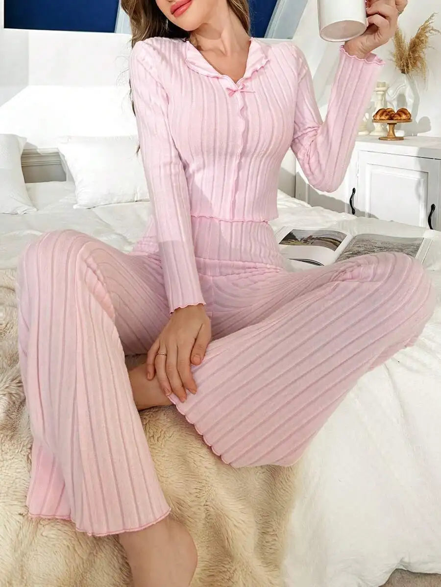 No. 8 Sleepwear Set, Long Sleeve, Ribbed, Lettuce Detailing, Matching Ribbed Flare Pant, Cozy