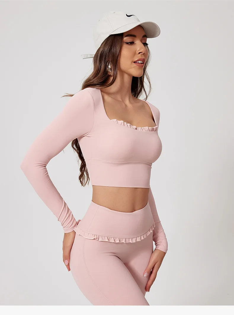 No. 8 Matching Set, Coquette, Ruffle Detailing Along Neckline And Waist, Long Sleeve, Crop Top, Square Neck