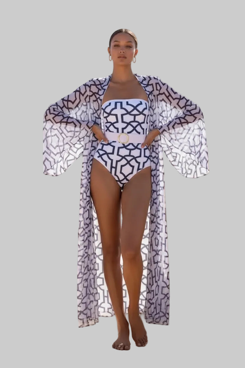 No. 4 Swimsuit, The Bloom Bandeau 1 PC, Waist Accentuating Belt, Includes Intentionally Sheer Maxi Cover With Bell Sleeves, Tie Waist, And Open Front Design