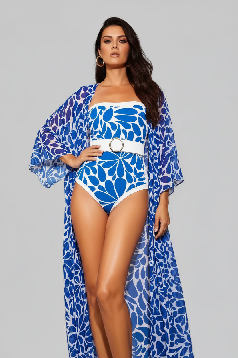 No. 4 Swimsuit, The Bloom Bandeau 1 PC, Waist Accentuating Belt, Includes Intentionally Sheer Maxi Cover With Bell Sleeves, Tie Waist, And Open Front Design