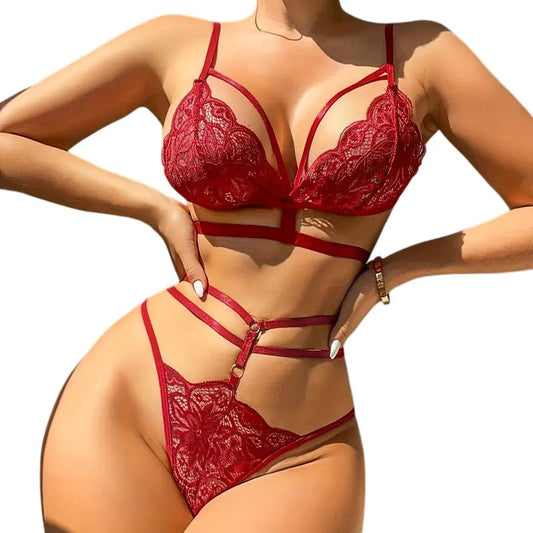 No. 4 Lingerie Set, 2 PC High Waisted Thong Panty With Hollowed Out Detailing, Caged Backless Bra