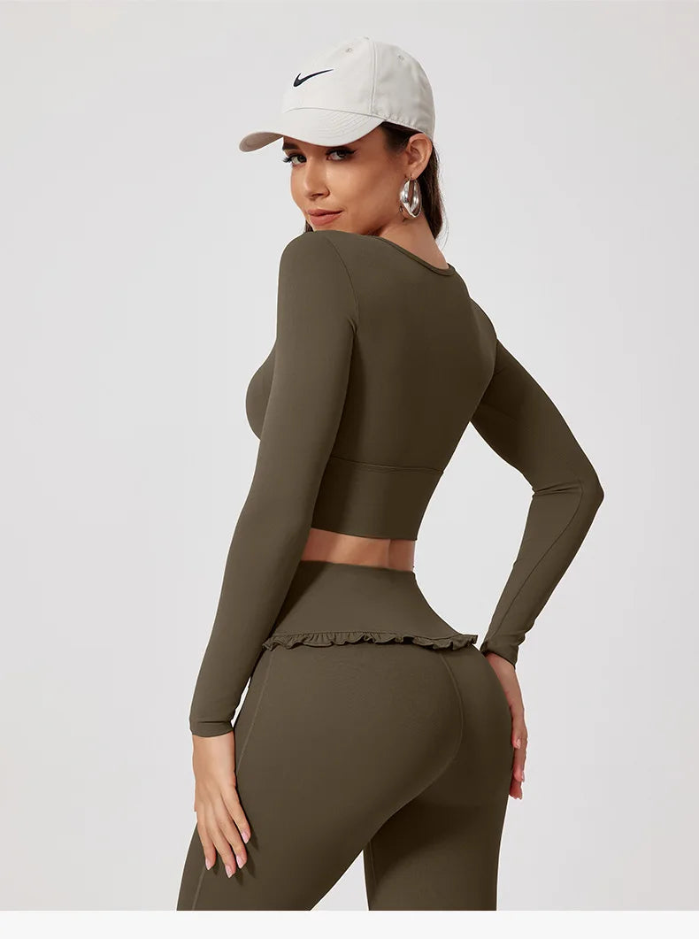 No. 8 Matching Set, Coquette, Ruffle Detailing Along Neckline And Waist, Long Sleeve, Crop Top, Square Neck