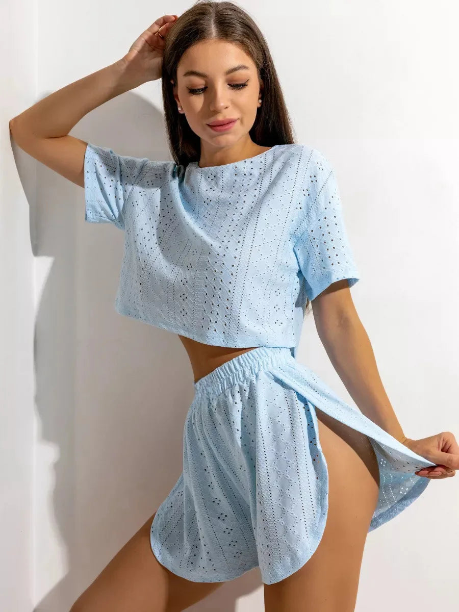 No. 1 Sleepwear Set, 2PC, Peekaboo Shorts, Short Sleeve Top, Eyelet Detailing, Cozy, Summer