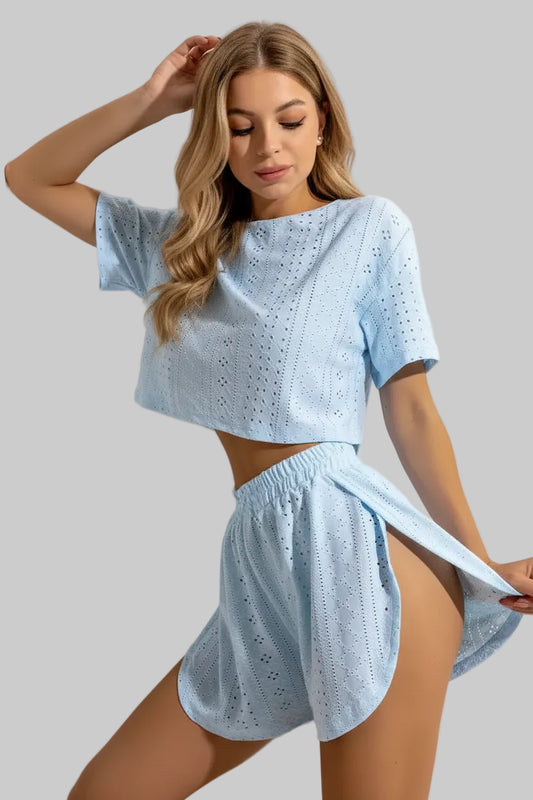 No. 1 Sleepwear Set, 2PC, Peekaboo Shorts, Short Sleeve Top, Eyelet Detailing, Cozy, Summer