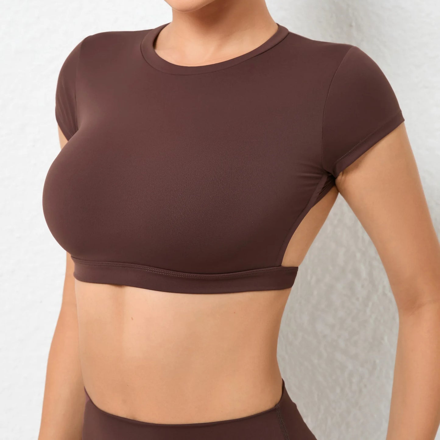 No. 5 Sports Bra, Backless Crop Top, Cupped Sleeves, Open Back, Faux Shirt
