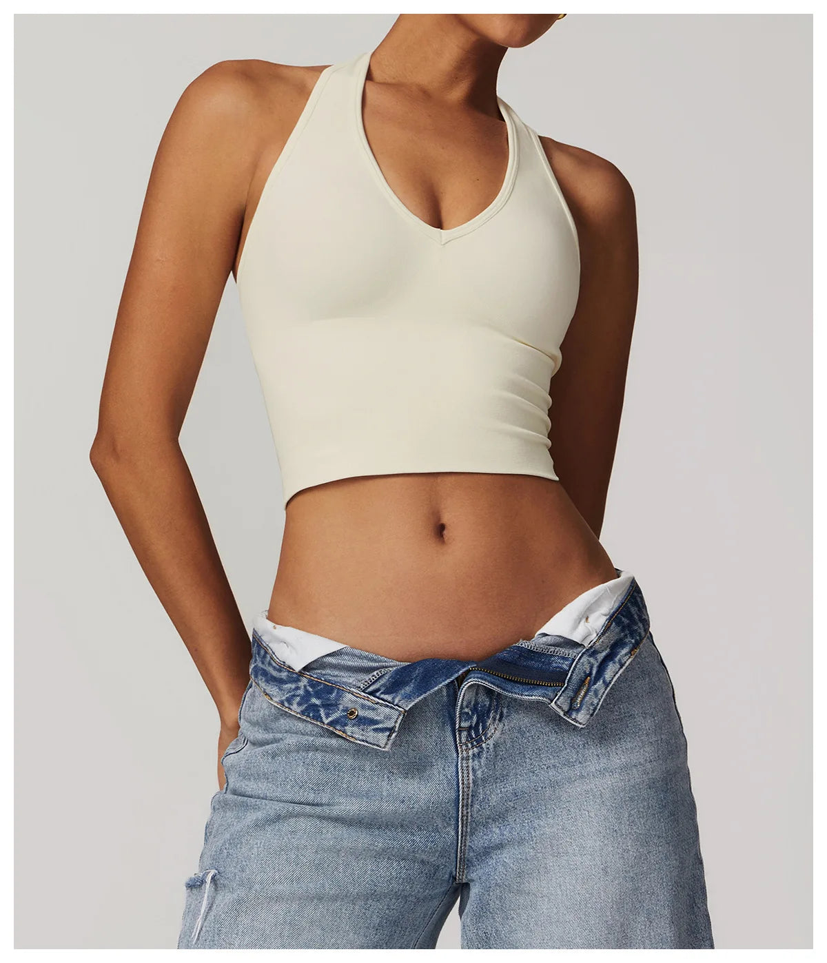 No. 4 Sports Bra, Plunge V Neckline, Halter Top, Full Coverage, Butter, Smoothing
