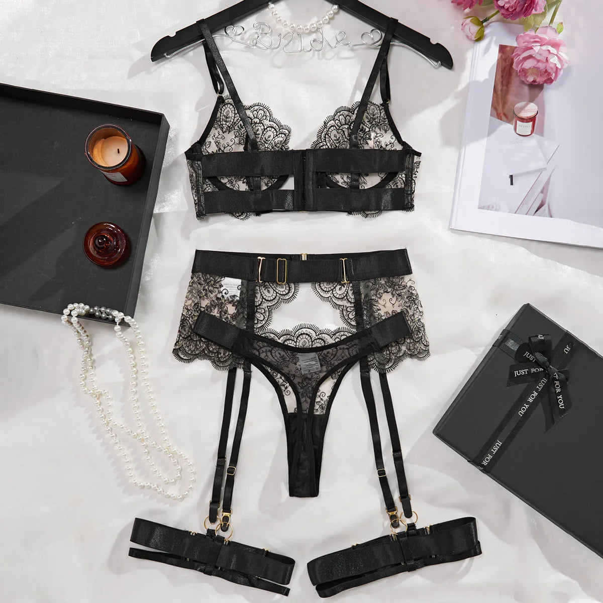 No. 1 Lingerie Set, 4 PC French Lace Scallop Bra, Thong, Garters With Belt