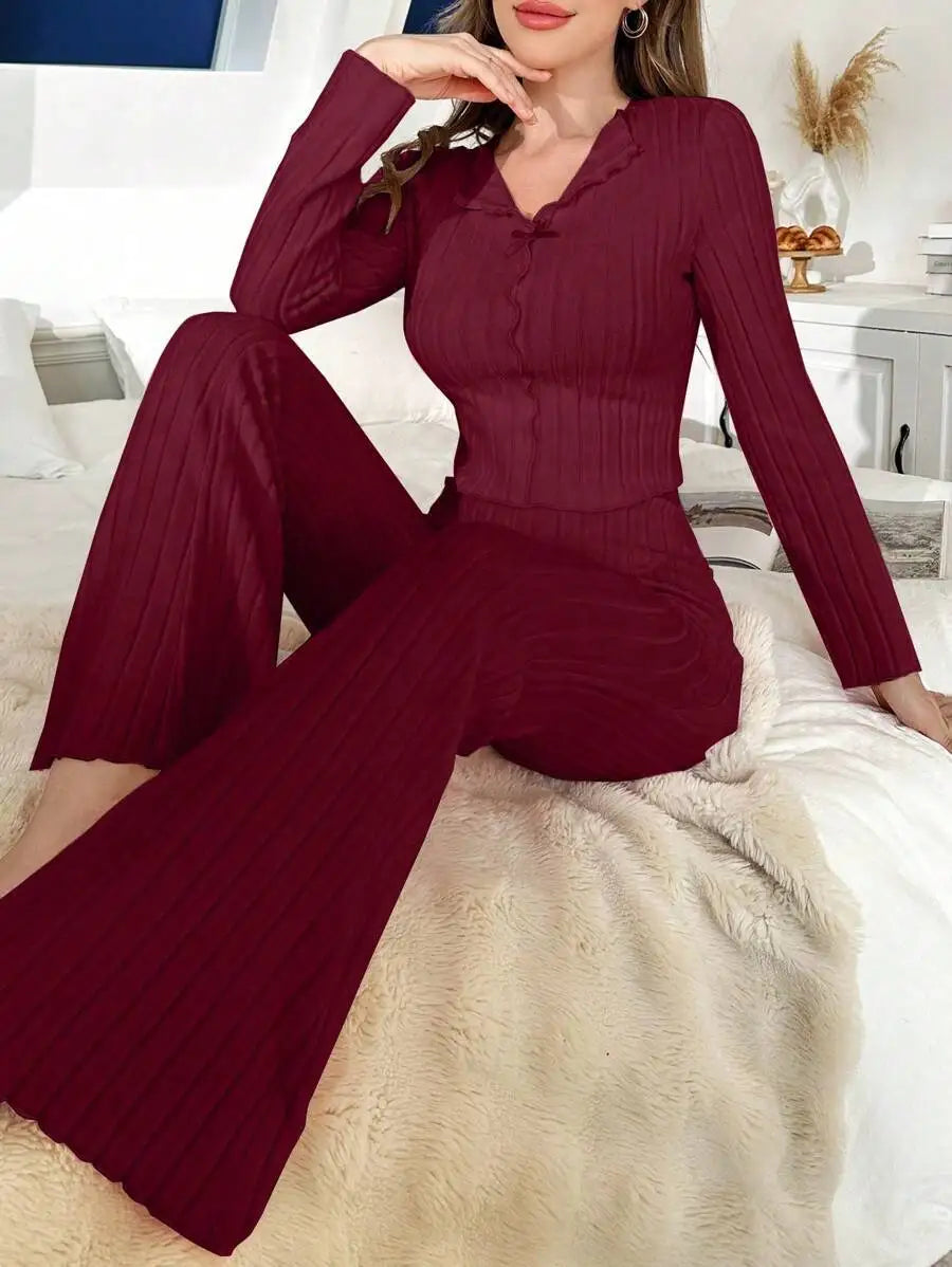 No. 8 Sleepwear Set, Long Sleeve, Ribbed, Lettuce Detailing, Matching Ribbed Flare Pant, Cozy