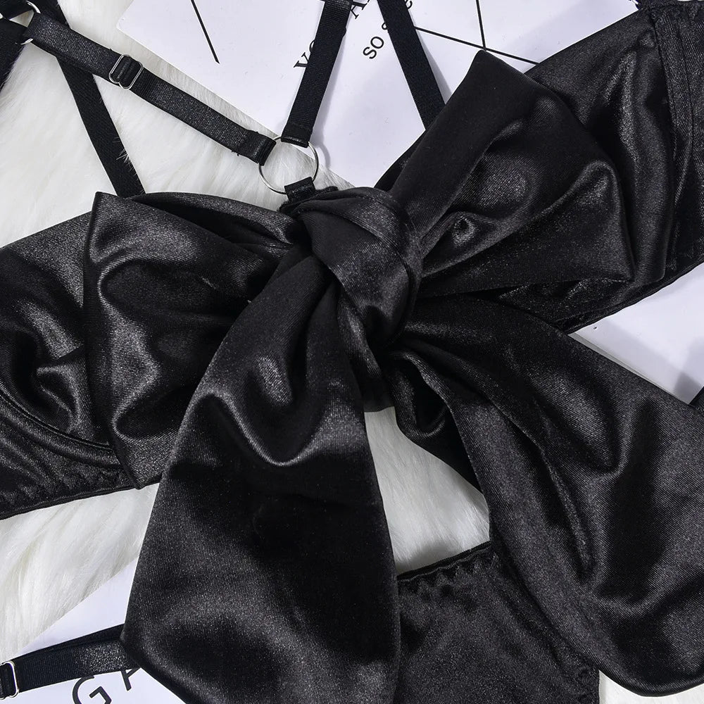 No. 2 Lingerie Set, 3 PC Gift Wrapped Bra With Hollow Cups, Caged Neckline, High Waist Thong, Garters