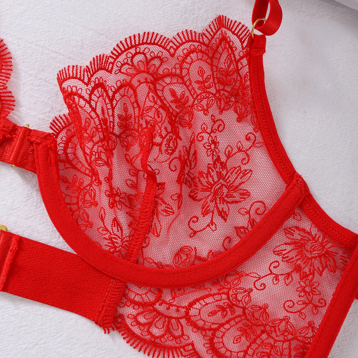 No. 1 Lingerie Set, 4 PC French Lace Scallop Bra, Thong, Garters With Belt