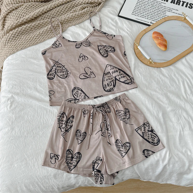 No. 3 Sleepwear Set, 2PC, Coquette Summer Print Sets, 4 Way Stretch Tank Top, Matching Short