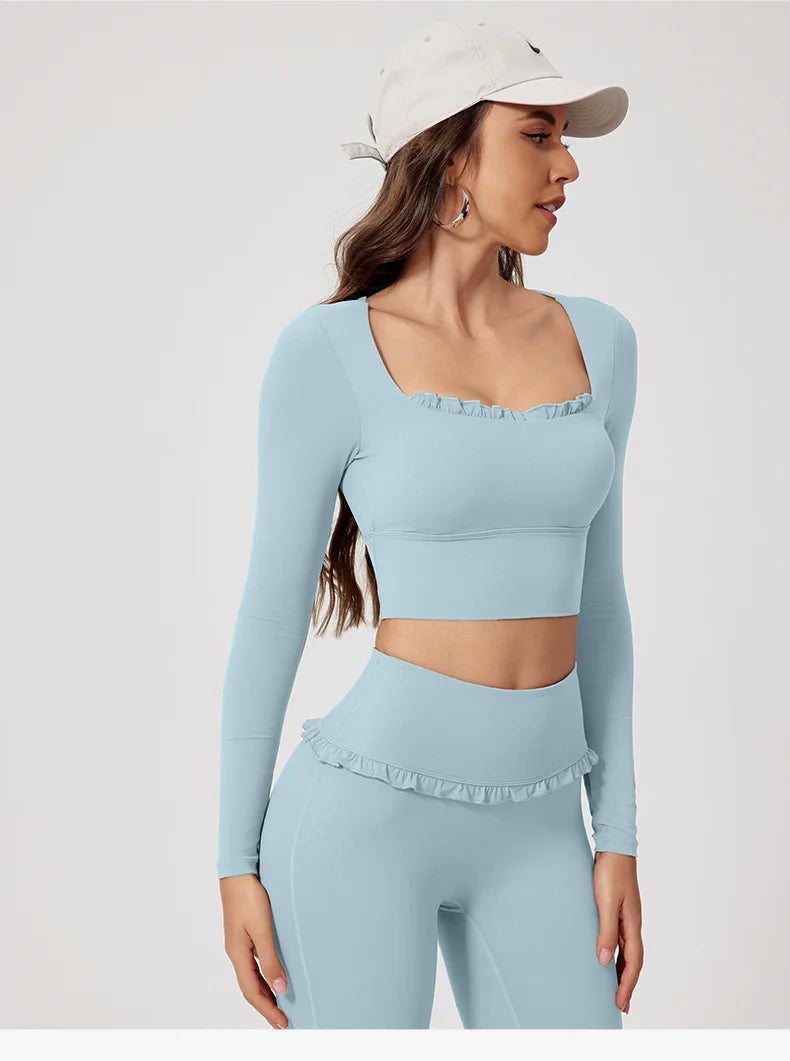 No. 8 Matching Set, Coquette, Ruffle Detailing Along Neckline And Waist, Long Sleeve, Crop Top, Square Neck