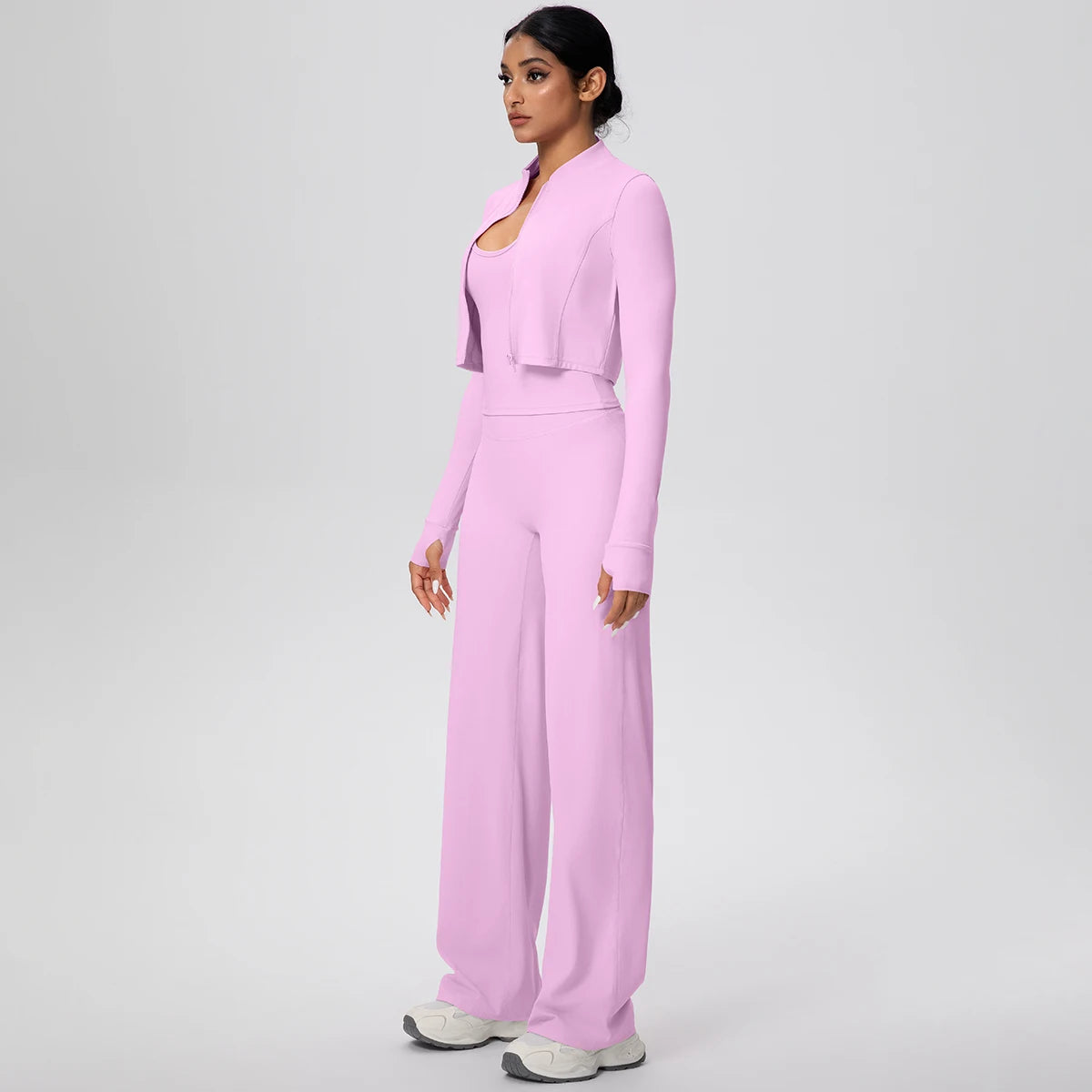 No. 1 Matching Set, 3 PC Full Zip Jacket, Halter Tank, and Wide Leg Pant