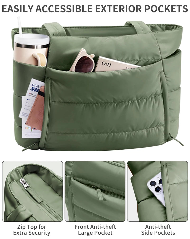 No. 4 Tote, Cloud Carry Quilted Tote, Soft Puffer-Style, Luggage Sleeve, Matching Pouch Included