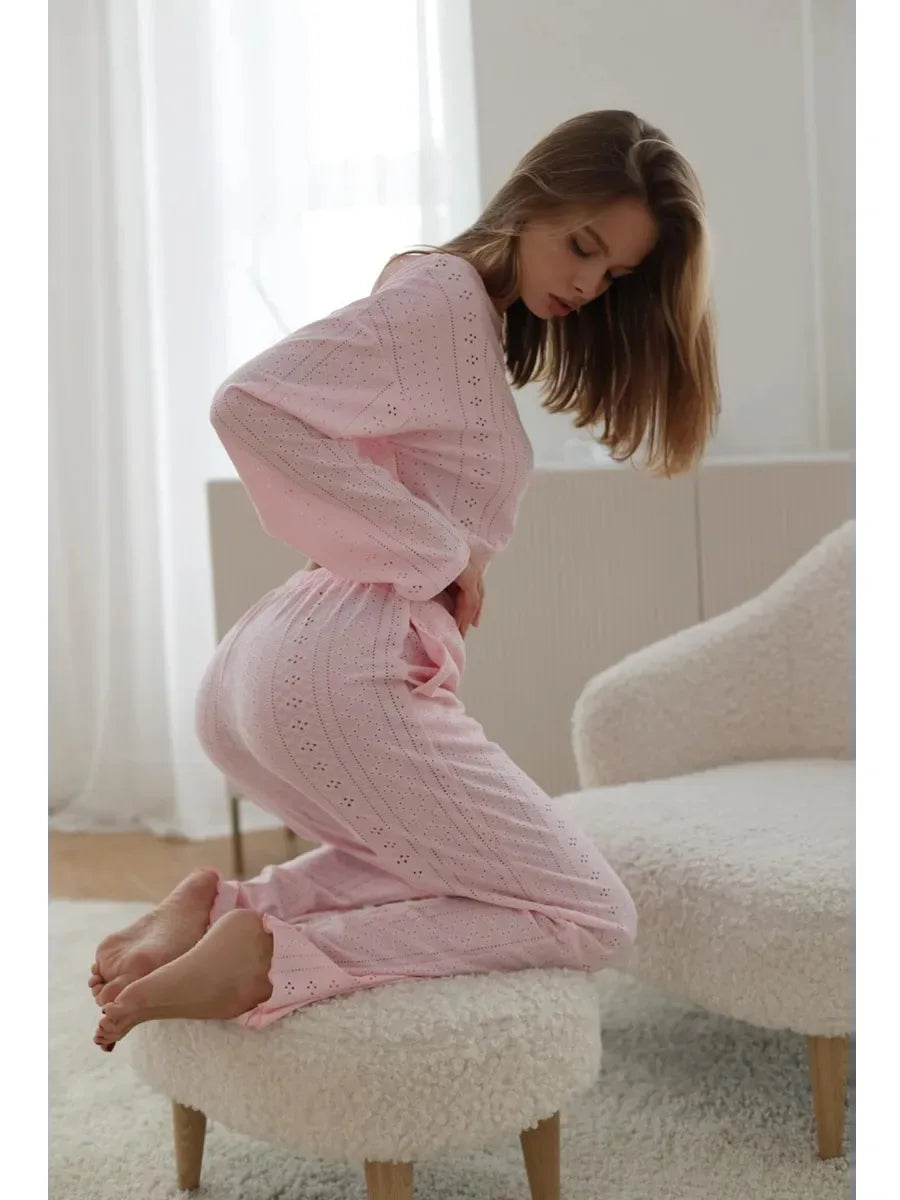 No. 7 Sleepwear Set, 2 PC, Semi Sheer, Long Sleeve, Pant, Eyelet Detailing, Cozy, Summer